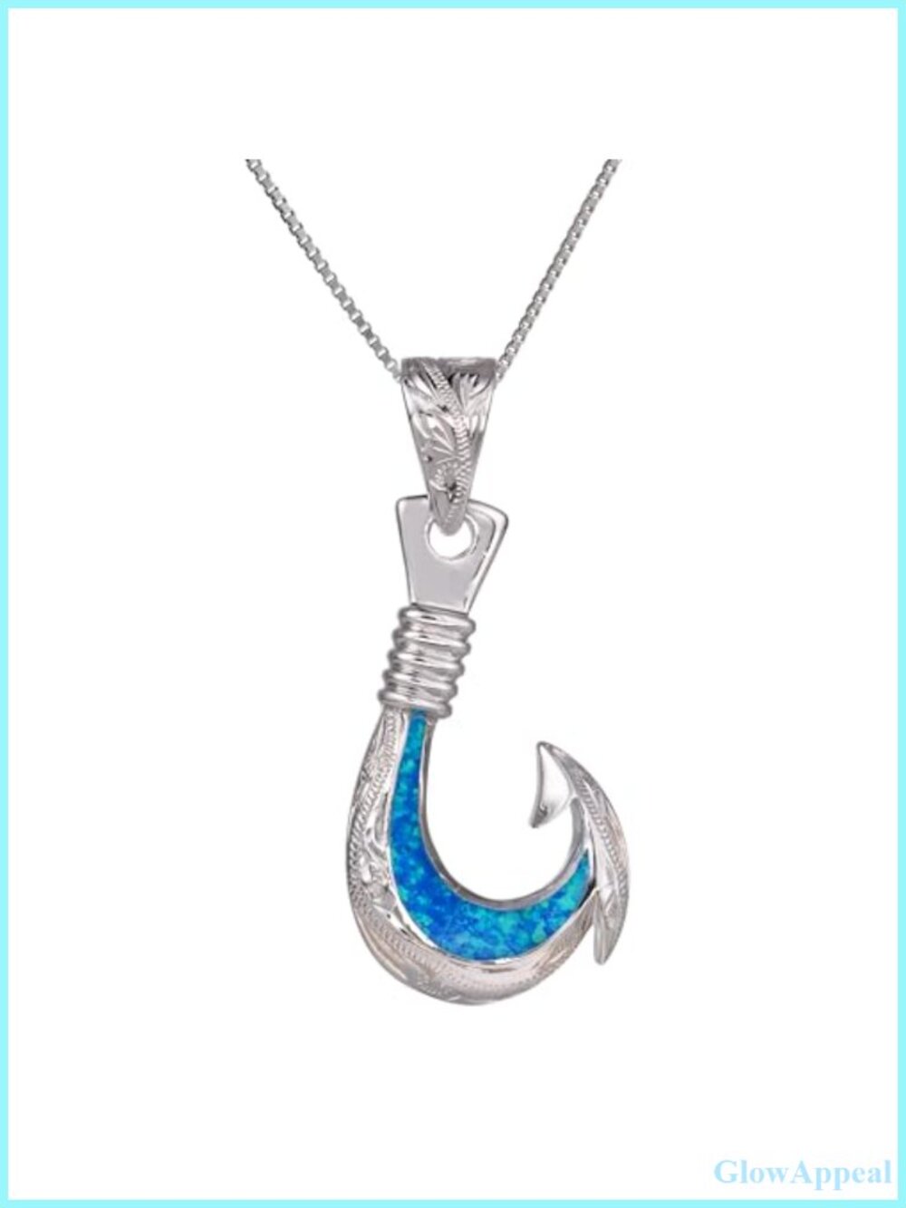 Sterling Silver Opal Fishhook Necklace Pendant with 18" Box Chain Hypoallergenic